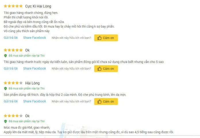 Đánh giá của khách hàng sử dụng sản phẩm trên trang Tiki (nguồn ảnh: BlogAnChoi).