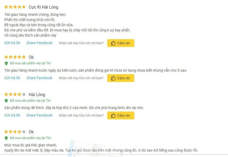 Đánh giá của khách hàng sử dụng sản phẩm trên trang Tiki (nguồn ảnh: BlogAnChoi).