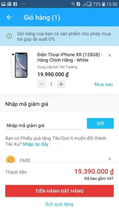 Bạn vào giỏ hàng trên Tiki để tiến hành đặt hàng. (Nguồn: Internet)