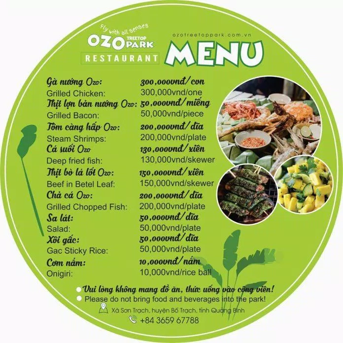 Menu thức ăn tại công viên Ozo