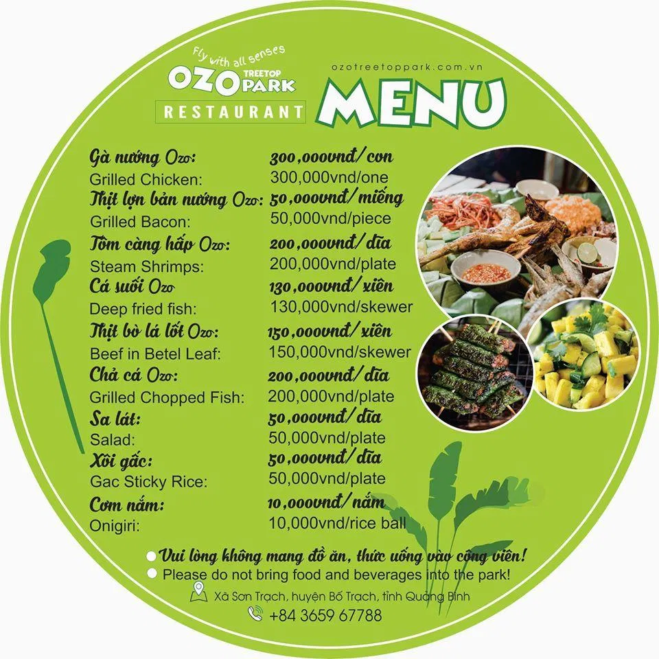 Menu thức ăn tại công viên Ozo