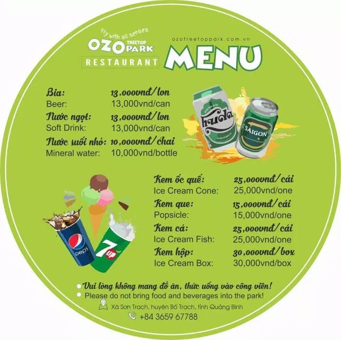 Menu thức uống tại Công viên Ozo