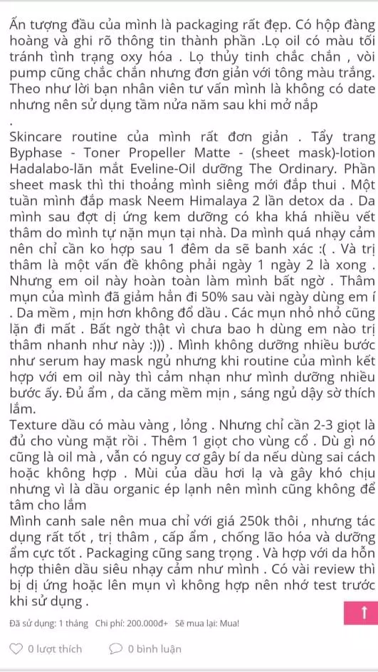 The Ordinary Rosehip Seed Oil đã nhận được những review rất tốt (Nguồn: BlogAnChoi) The Ordinary Rosehip Seed Oil đã nhận được những review rất tốt (Nguồn: BlogAnChoi)