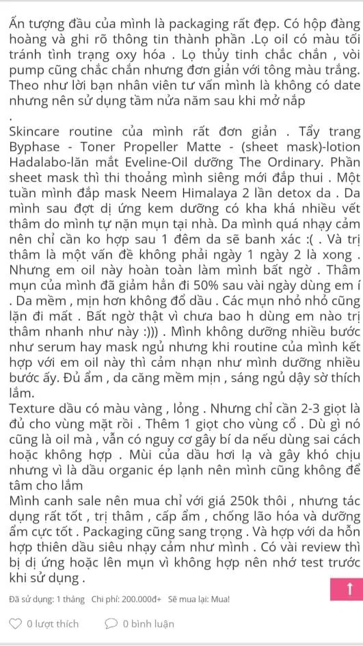 The Ordinary Rosehip Seed Oil đã nhận được những review rất tốt (Nguồn: BlogAnChoi) The Ordinary Rosehip Seed Oil đã nhận được những review rất tốt (Nguồn: BlogAnChoi)