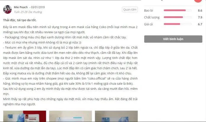 Mặt nạ sinh học tế bào gốc Coko Detox được đánh giá rất tốt trên trang Sheis (Ảnh: BlogAnChoi)
