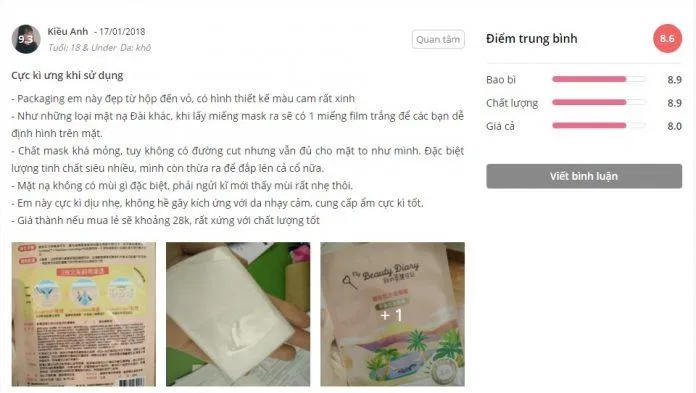Đánh giá của khách hàng về mặt nạ giấy My Beauty Diary Sahara Scenedesmus Oil Balancing trên trang Sheis (ảnh: BlogAnChoi)