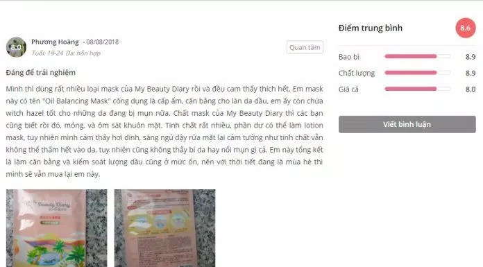 Đánh giá của khách hàng về mặt nạ giấy My Beauty Diary Sahara Scenedesmus Oil Balancing trên trang Sheis (ảnh: BlogAnChoi)