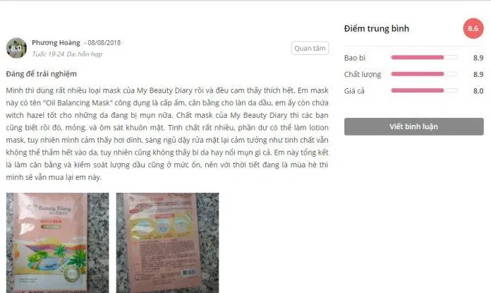 Đánh giá của khách hàng về mặt nạ giấy My Beauty Diary Sahara Scenedesmus Oil Balancing trên trang Sheis (ảnh: BlogAnChoi)