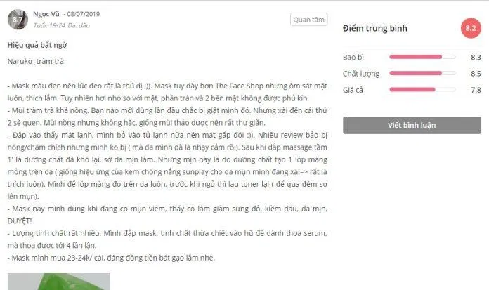 Khách hàng có phản hồi rất tốt về mặt nạ Naruko Tràm trà (ảnh: BlogAnChoi)