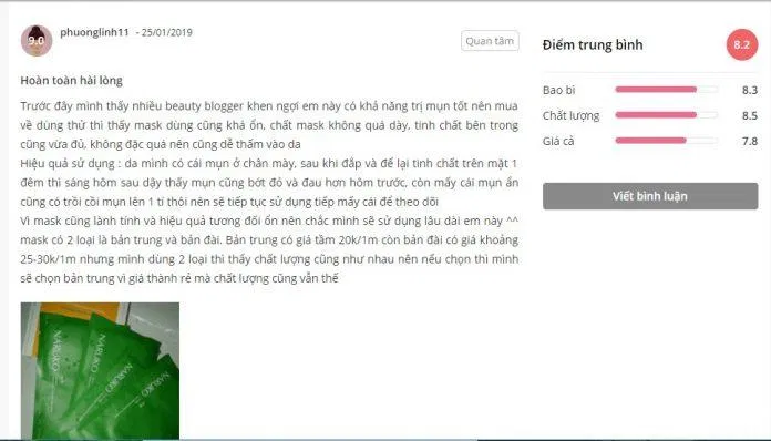 Khách hàng có phản hồi rất tốt về mặt nạ Naruko Tràm trà (ảnh: BlogAnChoi)