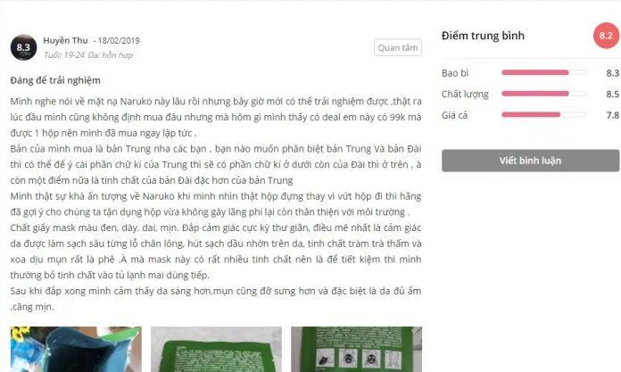 Khách hàng có phản hồi rất tốt về mặt nạ Naruko Tràm trà (ảnh: BlogAnChoi)