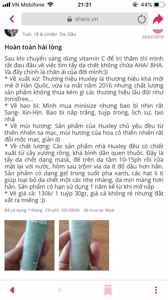 Đánh giá cực kỳ hữu ích cho nàng cân nhắc sử dụng mặt nạ tẩy tế bào chết Huxley Scrub Mask. (nguồn: BlogAnChoi)