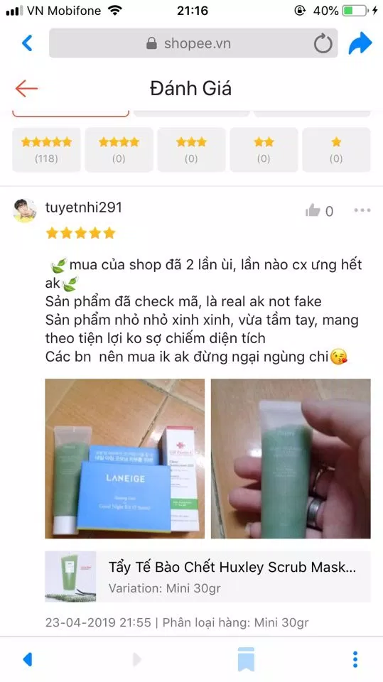 Đánh giá của khách hàng khi sử dụng mặt nạ Huxley Scrub Mask tại Shopee. (nguồn: BlogAnChoi)