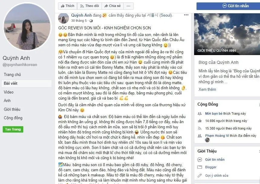 Quỳnh Anh chia sẻ những trải nghiệm với Bonny Matte và dành những lời khen có cánh cho dòng son này (Nguồn: BlogAnChoi) Quỳnh Anh chia sẻ những trải nghiệm với Bonny Matte và dành những lời khen có cánh cho dòng son này (Nguồn: BlogAnChoi)