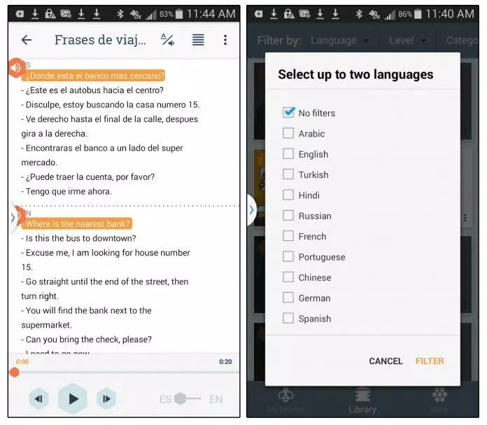 Giao diện học tiếng Anh thú vị của Beelinguapp. Ảnh: internet