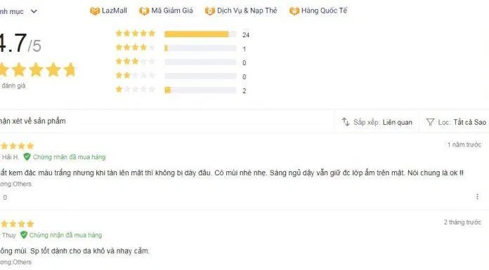 Đánh giá của khách hàng sử dụng sản phẩm trên trang Lazada (nguồn ảnh: BlogAnChoi).