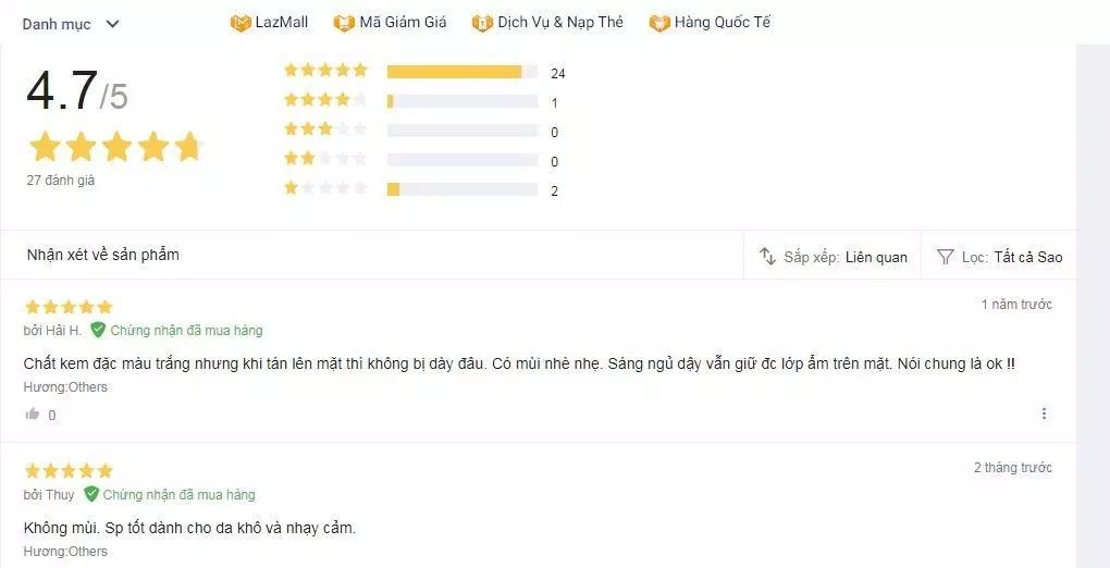 Đánh giá của khách hàng sử dụng sản phẩm trên trang Lazada (nguồn ảnh: BlogAnChoi).