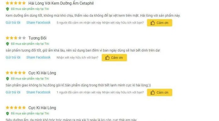 Đánh giá của khách hàng sử dụng sản phẩm trên trang Tiki (nguồn ảnh: BlogAnChoi).