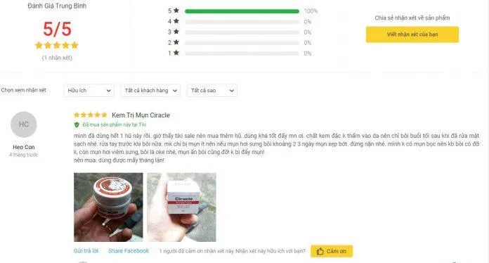 Đánh giá của khách hàng từng sử dụng sản phẩm trên trang Tiki (nguồn ảnh: BlogAnChoi).