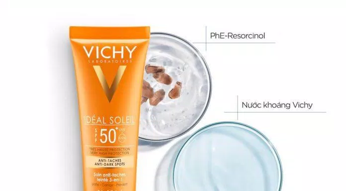  Kem chống nắng có màu che khuyết điểm, giảm thâm nám & dưỡng da Vichy SPF 50 PA+++ Ideal Soleil Anti-dark Spots giúp che khuyết điểm rất tốt cho da (ảnh: Internet)