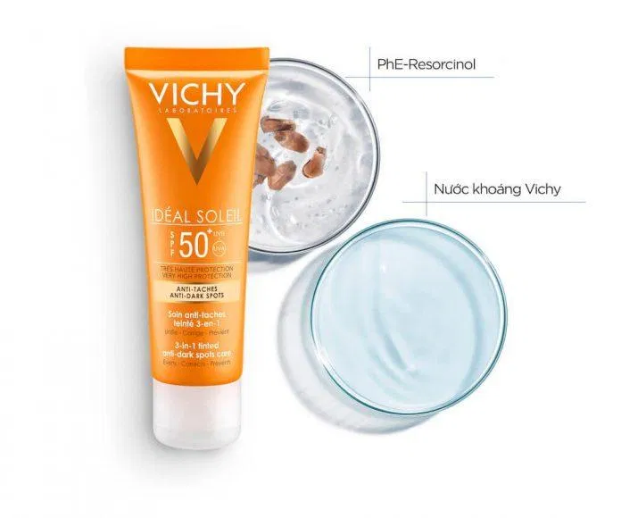  Kem chống nắng có màu che khuyết điểm, giảm thâm nám & dưỡng da Vichy SPF 50 PA+++ Ideal Soleil Anti-dark Spots giúp che khuyết điểm rất tốt cho da (ảnh: Internet)