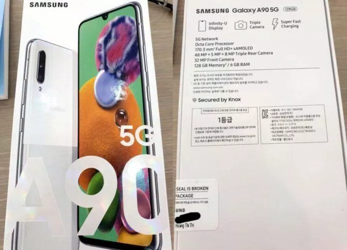 Galaxy A90 5G Cấu hình được in trên vỏ hộp của Galaxy A90 5G. Ảnh: internet