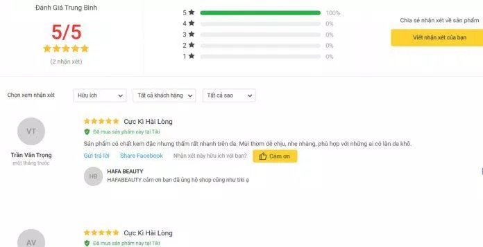 Đánh giá của khách hàng tại Tiki