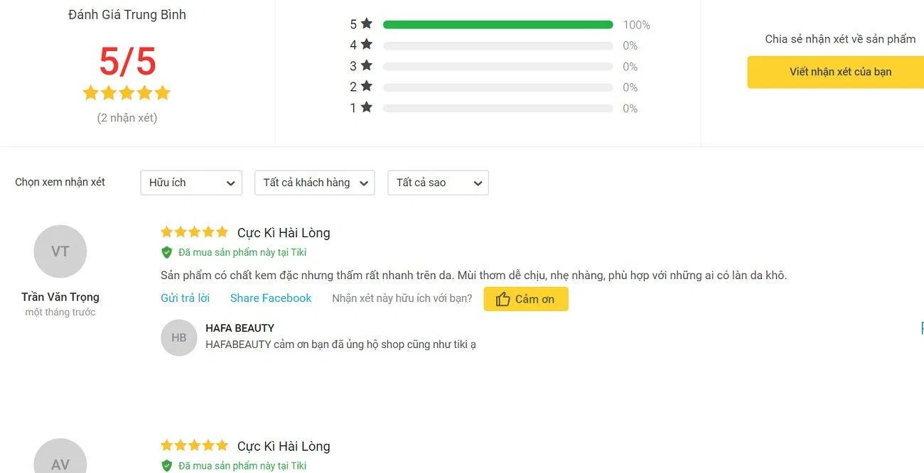Đánh giá của khách hàng tại Tiki