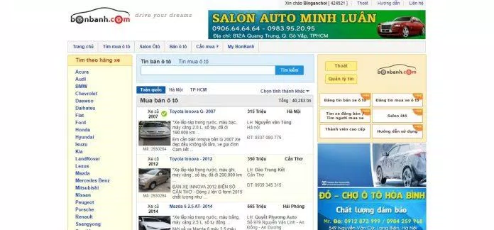 Giao diện trang web mua bán ô tô bonbanh.com (Ảnh : BlogAnChoi)