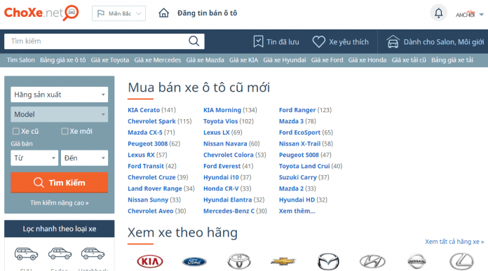 Giao diện trang web mua bán ô tô choxe.net (Ảnh :  TinhVe)