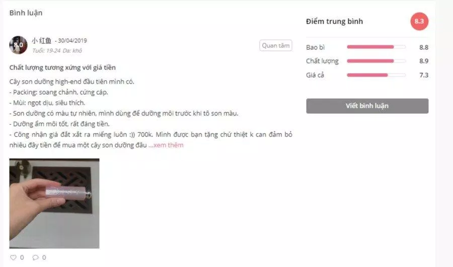 Nhận xét của một khách hàng về Dior Lip Glow trên Sheis.vn (Nguồn: BlogAnChoi)