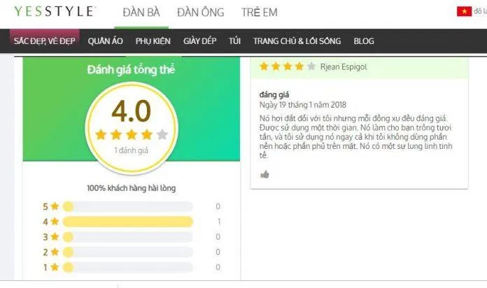 Đánh giá của khách hàng trên trang yesstyle (nguồn ảnh: BlogAnChoi).