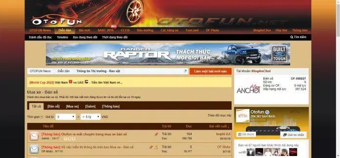 Giao diện trang web mua bán ô tô otofun.net (Ảnh : BlogAnChoi)
