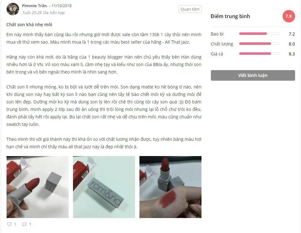 Đánh giá của khách hàng tại Sheis (ảnh: BlogAnChoi)