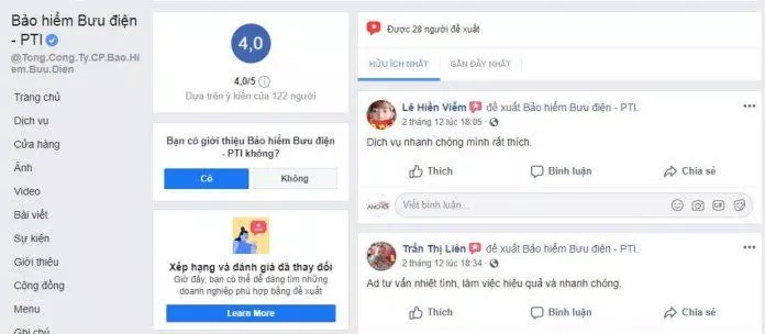 Ý kiến đánh giá của khách hàng về công ty bảo hiểm PTI trên Facebook (Nguồn : BlogAnChoi)