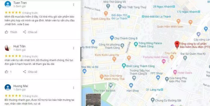 Ý kiến đánh giá của khách hàng về công ty bảo hiểm PTI trên Google Maps (Nguồn : BlogAnChoi)