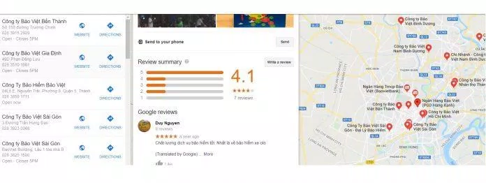 Đánh giá của khách hàng về công ty Bảo Việt trên Google Maps. (Nguồn: BlogAnChoi)