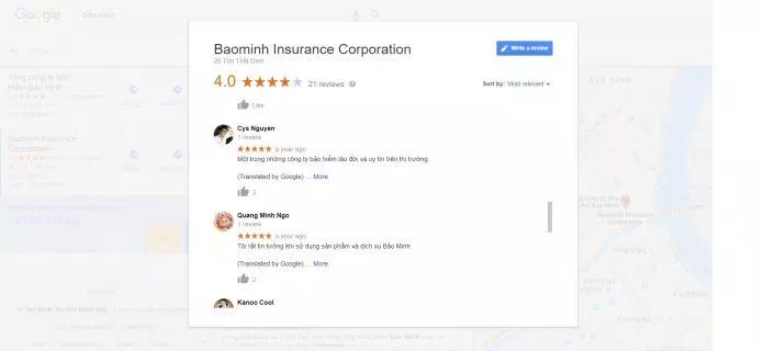 Đánh giá của khách hàng về công ty Bảo Minh trên Google Maps. (Nguồn: BlogAnChoi)