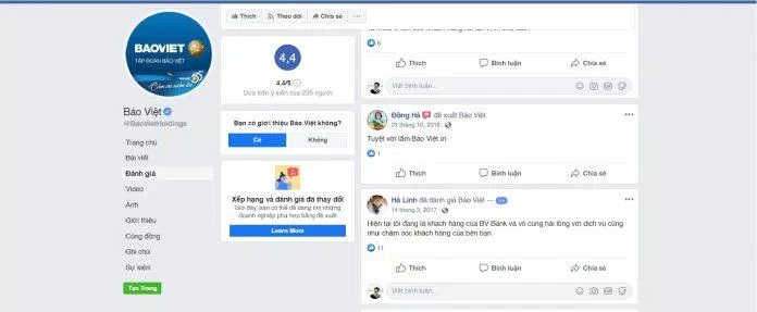 Đánh giá của khách hàng về công ty Bảo Việt trên Facebook. (Nguồn: BlogAnChoi)