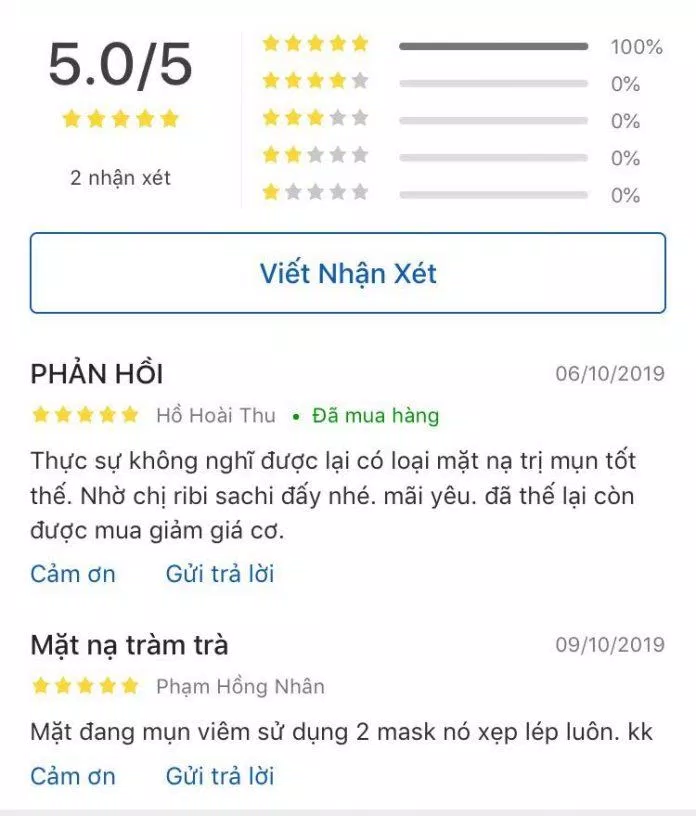 Những đánh giá tích cực dành cho mặt nạ tràm trà SEXYLOOK trên Tiki (nguồn: Internet)