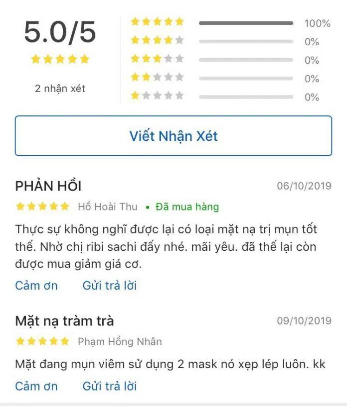 Những đánh giá tích cực dành cho mặt nạ tràm trà SEXYLOOK trên Tiki (nguồn: Internet)