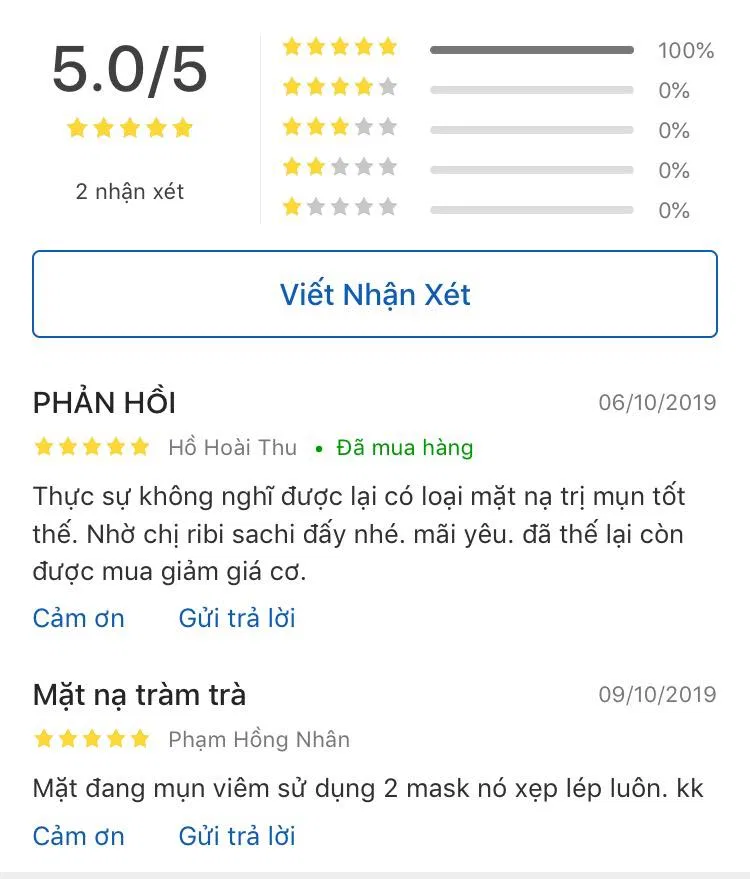 Những đánh giá tích cực dành cho mặt nạ tràm trà SEXYLOOK trên Tiki (nguồn: Internet)
