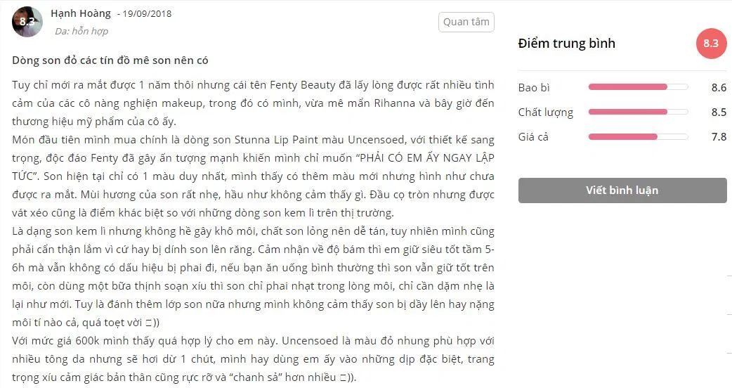 đánh giá đánh giá fenty she ís