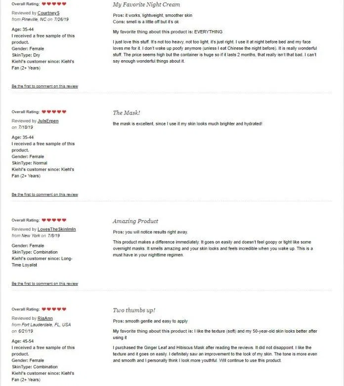 Đánh giá của khách hàng tại www.kiehls.com (ảnh: BlogAnChoi)