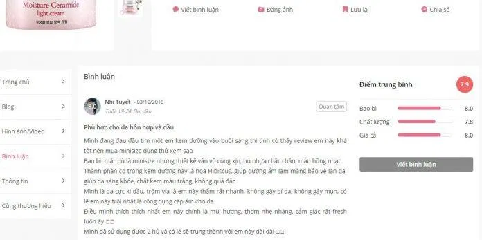Đánh giá của khách hàng dùng sản phẩm trên trang Sheis (nguồn ảnh: BlogAnChoi).