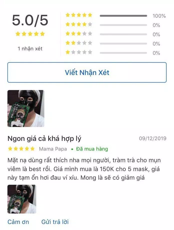 Review tích cực cho mặt nạ trà xanh SEXYLOOK trên Tiki (nguồn: Internet) 