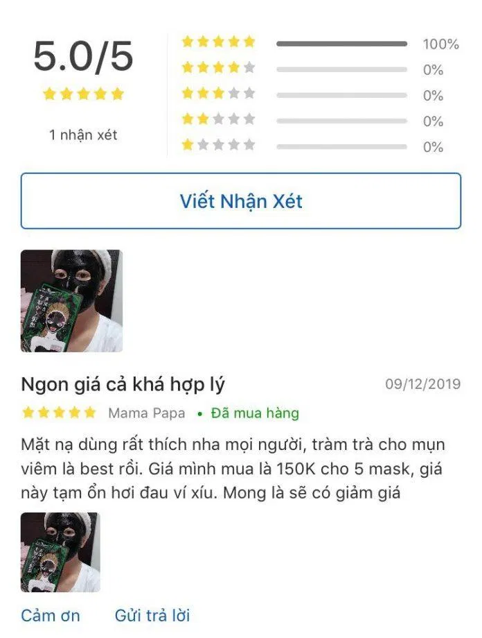 Những đánh giá tích cực dành cho mặt nạ tràm trà SEXYLOOK trên Tiki (nguồn: Internet)