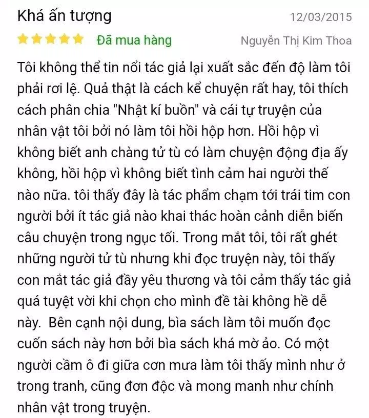 Một độc giả trên Tiki nhận xét cuốn tiểu thuyết Yêu Người Tử Tù 