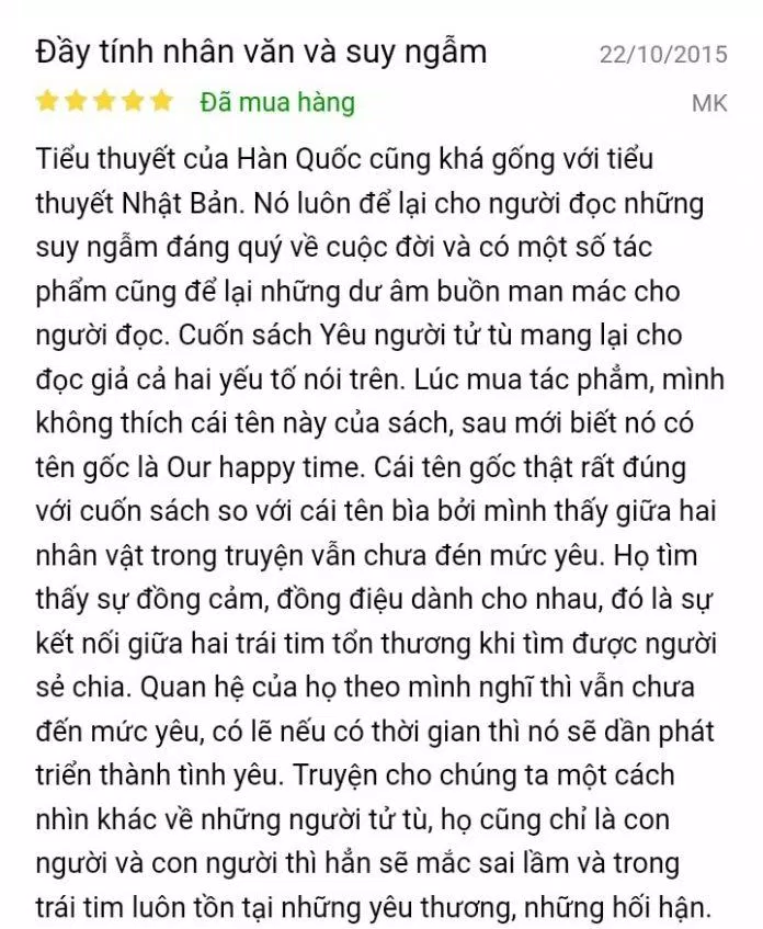 Một độc giả trên Tiki nhận xét cuốn tiểu thuyết Yêu Người Tử Tù Đọc giả trên Tiki nhận xét cuốn tiểu thuyết Yêu Người Tử Tù