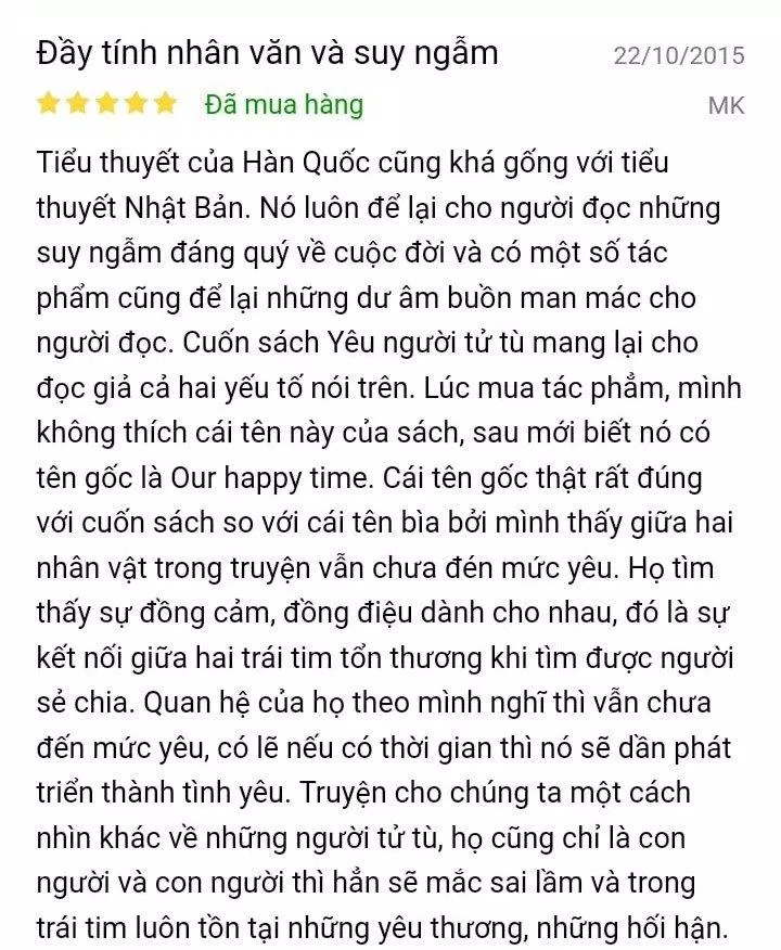 Đọc giả trên Tiki nhận xét cuốn tiểu thuyết Yêu Người Tử Tù 